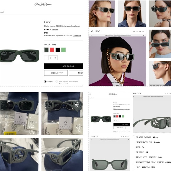 GUCCI 2023 RECTANGLE IN A SMOKE GREEN COLOR WITH MAXI BOLD “GG” LOGO SUNGLASSES - Picture 14 of 16